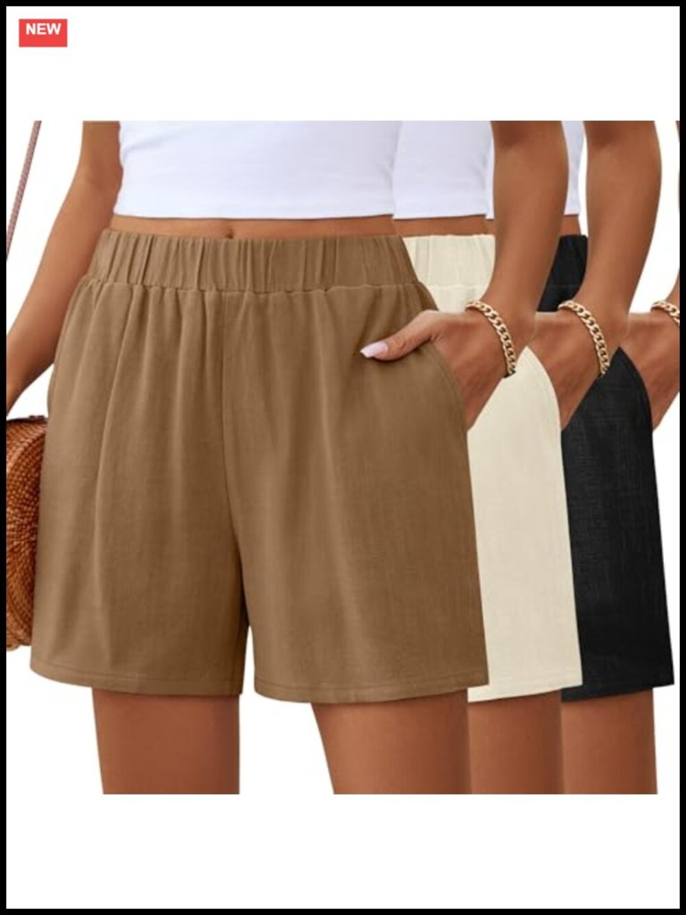 Linen Wide Leg High Rise Shorts Pleated Elastic Waist Pockets Summer Beach